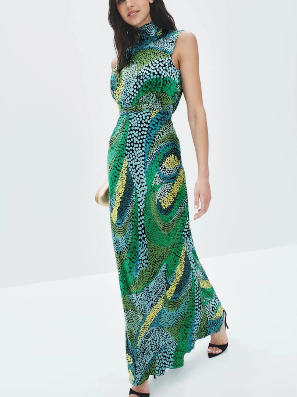 SALONI Fleur Dot Print Maxi Dress Jungle Green & Blue Formal Sleeveless Gown 4